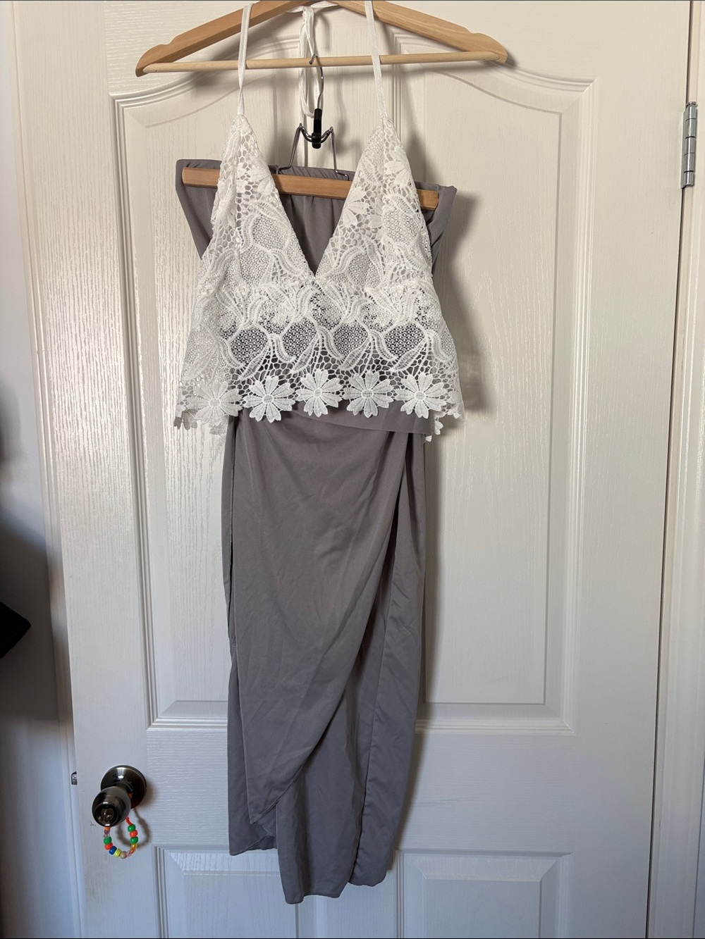 Lace Crop Halter Top with Grey Wrap Skirt Set